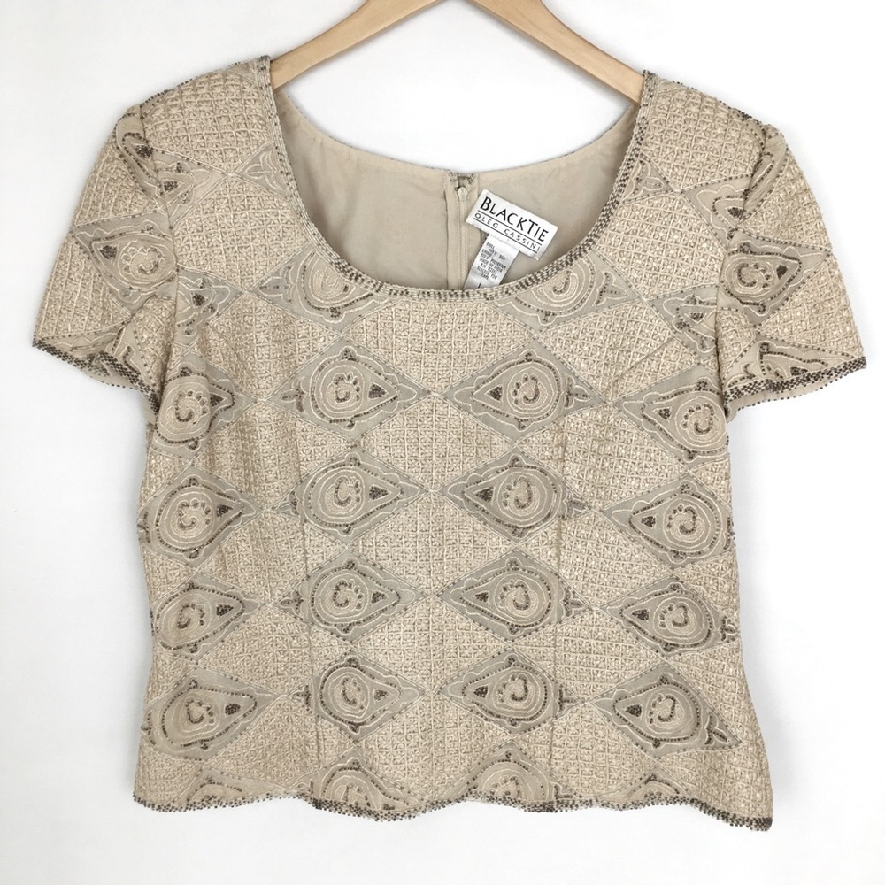 Vintage Oleg Cassini Silk Beaded Embroidered Top Cream Size Large